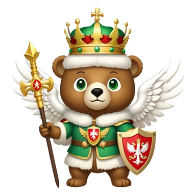 Endearing brown bear with bright green eyes, white fur hat with detailed Russian emblem: golden double-headed eagle with crowns, scepter, orb, and red shield with St. George slaying dragon, iOS emoji style sticker