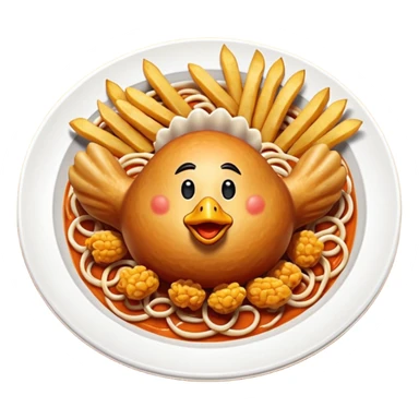 Plato redondo visto desde arriba con pollo en trozos crujientes bañados en salsa agridulce brillante color naranja, acompañado de pastas y papas fritas doradas gruesas al lado sticker