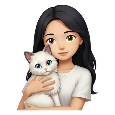 A beautiful girl with long black hair wearing a white short-sleeved shirt hugs a ragol cat sticker