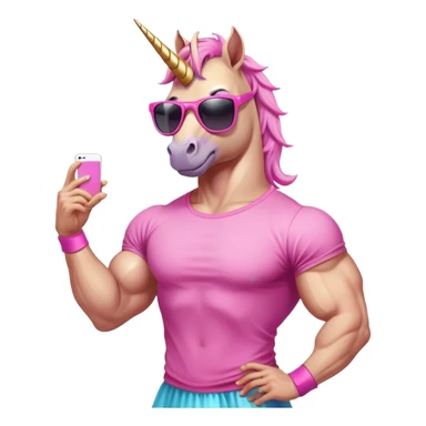 friendly anthropomorphised masculine unicorn with horse-like face, muscular bodybuilder build, in tutu and pink t-shirt, wearing dark sunglasses, relaxed pose, close-crop head and shoulders portrait sticker