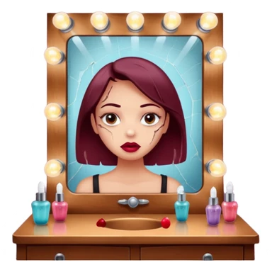 Minimalist emoji-style sticker of a vanity mirror with dim bulbs and cracked glass, words “Am I real yet?” smeared in dusty lipstick tone


 sticker