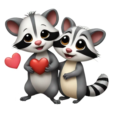 Opossum and raccoon cute couple in love with heart sticker