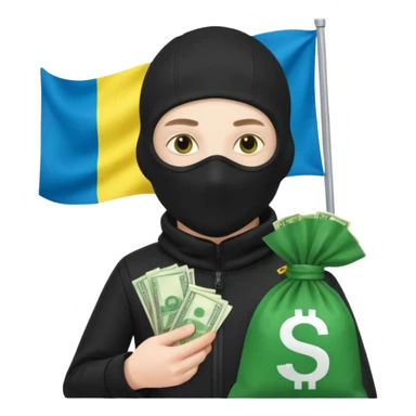 create an incredibly realistic white thief in a black suit and balaclava with a bag of money and a Ukrainian flag on it sticker
