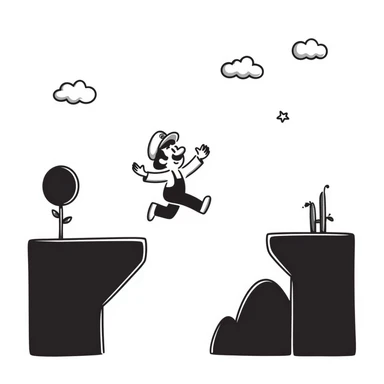 pixel art of a retro side-scrolling video game scene with blocks, platforms, clouds, and a character jumping, 8-bit Game Boy style, Mario world sticker