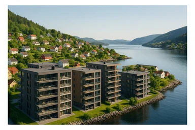 A coastal town in norway, apartment blocks sticker