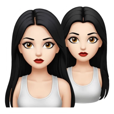 White woman with a white tank top long black hair glossy middle part straight long hair vamp look  brown eyes eyeliner winged with lashes top and bottom white border big lips black eyebrows sticker