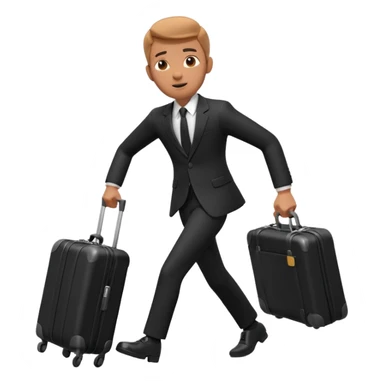 A 3D cartoon man in formal clothes pulling a suitcase behind him, slight motion blur, Memoji-style. sticker