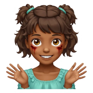 Cabelo ondulado  um pouco cheio e franja curta  Olhos marrons e pequenos e feita d ezumbi mais bonita com cabelo amarro na e com as mãos assim tipo assim🧟‍♀️ sticker