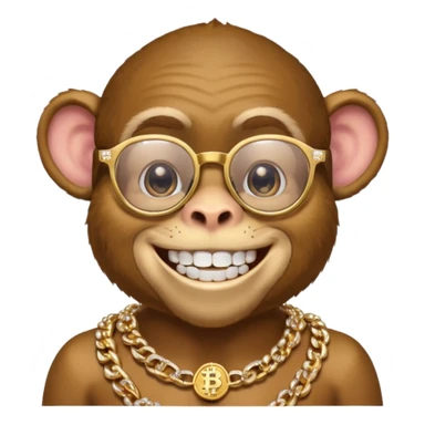 rich monkey with glasses smiling with diamond grillz and a bitcoin golden chain with diamond pearls sticker