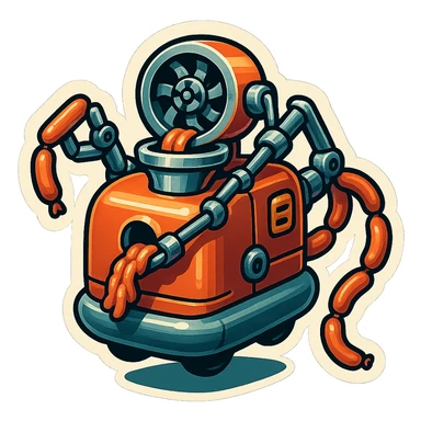 sausage-processing droid. retro-futuristic style. top is a circular industrial hole rotating gears and blades. Two robotic arms feed material into grinder. Sausage links extrude from the rear like  factory. The body is metallic, compact, and floats above the ground.no legs. Dark humor sticker