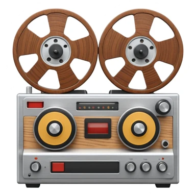 3D render of Reel-to-Reel, vintage 1980s audio equipment aesthetic, tactile analog buttons, silver metallic face with two large brown magnetic tape wheels, mixed wood grain and brushed aluminum textures, Apple emoji style, isolated on white background --v 6.0 sticker