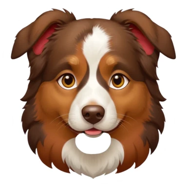 A tri color Australian shepherd with a chocolate brown base coat, red/gold fur on his eyebrows and snout/cheeks, a white chest, and gold eyes sticker