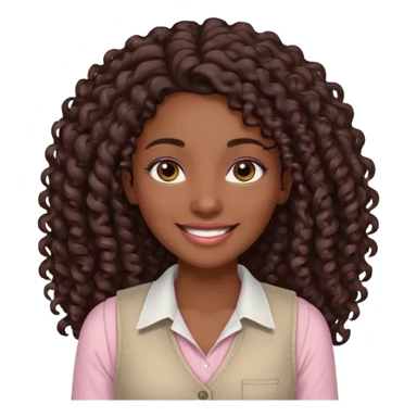 mujer morena, pelo rizado largo, sonriendo, con ojos grandes y marrones con camisa rosa palo y un chaleco blanco sticker