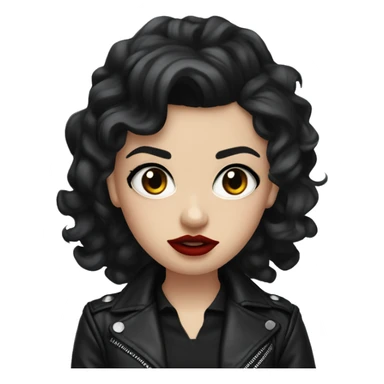 White girl, with long curly black hair, with red lipstick, black winged eyeliner, wearing black shirt and black leather jacket, rolling her eyes annoyed sticker