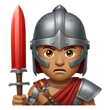 Emoji portrait of an entertainment slave (gladiator). He has an angry expression and wears a helmet, holding a short sword. sticker