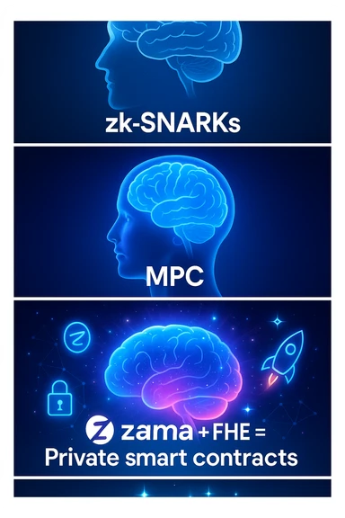 A viral meme in the 'Galaxy Brain' format. The first panel shows a basic brain labeled 'zk-SNARKs'. The second panel shows a glowing brain labeled 'MPC'. The third panel shows an exploding galaxy brain labeled 'Zama + FHE = Private smart contracts'. The tone should be funny but smart, appealing to Web3 developers and crypto users who care about on-chain privacy. Add visuals or labels that suggest Zama is a powerful, next-gen solution. Use a clean, modern visual style with bright colors. sticker