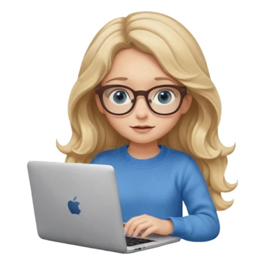 blonde girl with long dark blonde wavy hair, blue big eyes, pantos-style glasses, a brown colored sweater, sitting and looking in laptop, soft pastel, upper body shot sticker