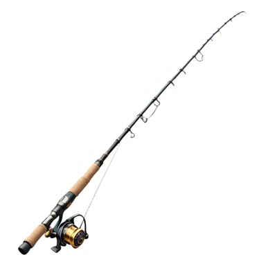 Cinematic Realistic Fishing Rod, sleek graphite rod with a smooth, polished reel, thin line disappearing into a shimmering lake, warm golden sunlight reflecting off the water, glowing with a tranquil and adventurous aura. sticker