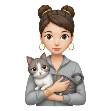 a white girl with brunette hair in a messy bun holding a grey cat. the girl has long lashes and has on a grey zip up that is half way zipped and under a white shirt and gold jewelry that is hoop earrings and gold bracelets. sticker