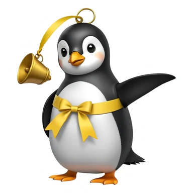 Penguin ringing large bell vigorously with yellow ribbon sticker