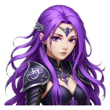 A mysterious warrior girl with long, flowing purple hair cascading down her back, strands catching the dim light like silk. Her piercing violet eyes glow. She wears sleek black armor, a perfect fusion of elegance and lethality, adorned with intricate silver engravings resembling ancient runes.  sticker
