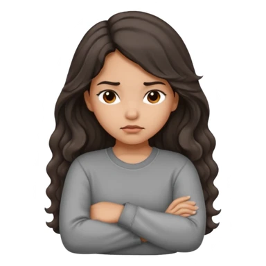 Hispanic girl with long dark brown wavy hair arms folded and  pouting. Gray long sleeve sticker