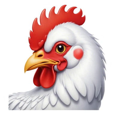 Cinematic Cute White Rooster Portrait Emoji, Head tilted playfully and inquisitively, featuring a glossy, immaculate white plumage with a vibrant red comb, round, sparkling eyes filled with curiosity, Simplified yet irresistibly adorable features, highly detailed, glowing with a warm, friendly glow, high shine, affectionate and spirited, stylized with a touch of farmyard whimsy, bright and endearing, soft glowing outline, capturing the essence of a mischievous yet loving rooster, so playful it feels like it could strut out of the screen and into your arms! sticker