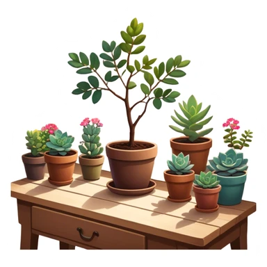 Close-up of a potted sapling with vibrant flowering plants around it, in rich soil. Sunlight filters through the window, casting soft shadows. Cozy indoor garden with blooming flowers, succulents, and gardening tools placed neatly on a wooden table. sticker