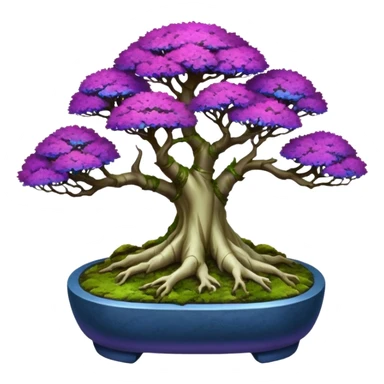 Futuristic wild glowing et alien moss maples Bonsai hair-fine-leaf group crimson crystal boxwood purple and cream pink blue informal rocky cliffhanger eight tree forest planting in shallow slab style pot with big feet  sticker
