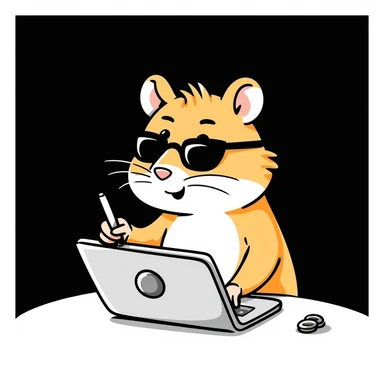 unique, colorful, hand-drawn, modern, realistic hamster with cool glasses, creating a design or making animations, showing creative action, solid black background, illustrated in Procreate on an iPad, not kiddish sticker