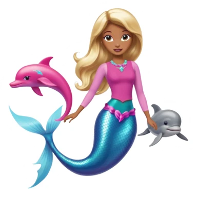 Brown skin blonde hair barbie mermaid with pink tail and dolphin  sticker