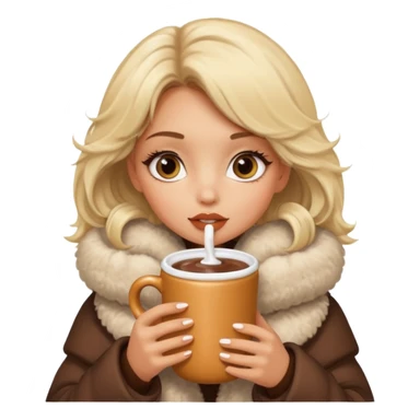 Tanned Girl with lashes , blonde hair, in an extremely big fluffy oversized coat and hold hot chocolate drink and big eyes like dog, big lip sticker