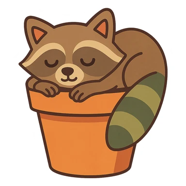 sleepy raccoon inside a flower pot, pastel earthy colors, vibrant-toon style sticker