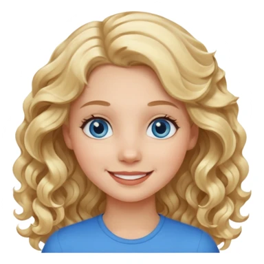 Please generate an image of a girl. She has blue eyes, blond, wavy hair, and is smiling. sticker