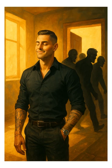 a man stands confidently in a sunlit room, facing away from a group of dark, shadowy figures with harsh or angry expressions who are walking out the door. The man’s posture is upright and relaxed, his face calm and relieved. Warm light fills the space, symbolizing his newfound peace and positivity. sticker
