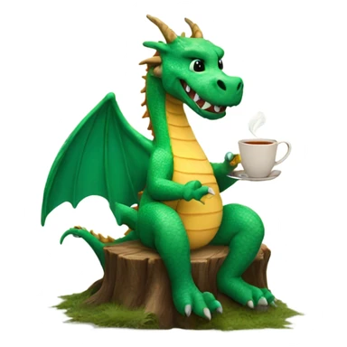 smiling dragon sitting on a stump enjoying a cup of tea and a biscuit sticker
