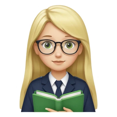 Girl student wearing uniform, glasses, hold green book in front of their chest, blonde long straight hair, white skin sticker