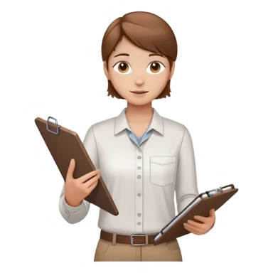 Intern or volunteer with brown hair holding a clipboard and pencil, ready to take notes or assist. The character wears a simple shirt and has an eager posture sticker