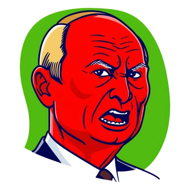 Vladimir Putin face in profile, looking sideways, screaming with intense anger, red face, furious expression sticker