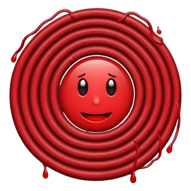 Minimalist emoji-style sticker of a coiled red carpet with drops of blood on the floor around it. Flat design, black and desaturated red tones, no perspective, bold lines. sticker