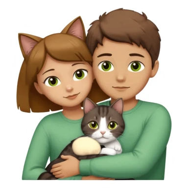 Crea un emoji donde salga un chico moreno con los ojos claros, una chica morena con los ojos marrones y un gato europeo comun de pelaje oscuro y ojos verde claro, quiero que se esten abrazando y el gato este en el medio de los dos sticker