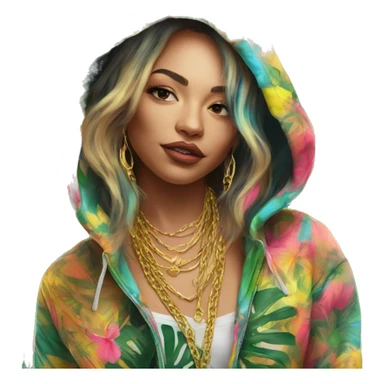 Trendy lady tropical multicoloured baroque hoodie with tattoos and gold chain sticker