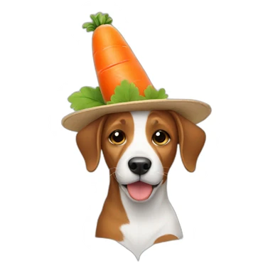 dog holding carrot with a hat sticker