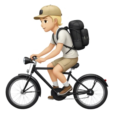 A blond guy in a cap and with a backpack on his back rides a black bike sticker