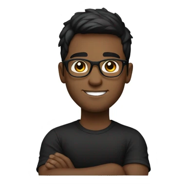 young man with a friendly, confident smile. He has short dark hair and is wearing round glasses. He's dressed in a plain black t-shirt and has his arms crossed sticker