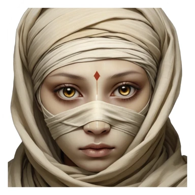 Regal and timeless, fully wrapped in meticulously aged bandages, even its face veiled in layers of ancient cloth with only faint glimpses of deep, solemn eyes peering through, adorned with faded gold accents, exuding an air of forgotten majesty and solemn duty, highly detailed, softly glowing, evoking the dignified mystery of an eternal guardian watching over lost secrets! sticker