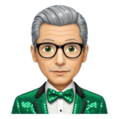 Jeff Goldblum with gray hair, dark green sequin suit with bow tie sticker