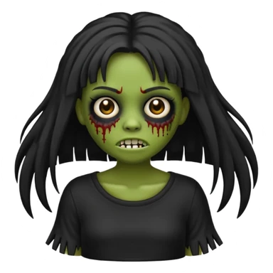 Um emoji de uma menina zombie de blusa branca num fundo preto de cabelo longo e preto e franjinha sticker