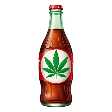 Classic Coca-Cola shaped glass bottle with curved contours, red color, with a cannabis leaf sticker
