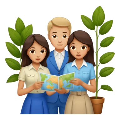 Russian man and elegant Latina girl in cute outfits with a map planning plants sticker